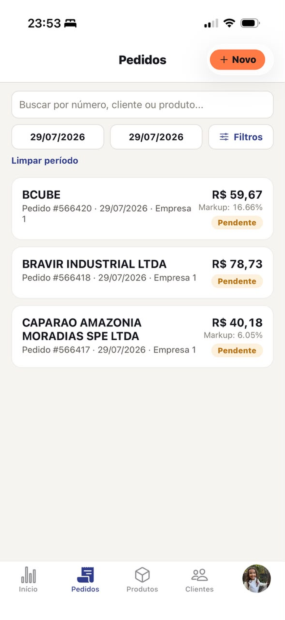 Tela de pedidos do aplicativo Impacto